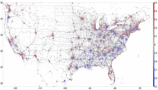 A map of 13 million geolocated U.S. tweets from 2013, colored by happiness, with red indicating happiness and blue indicating sadness. PLOS ONE, Author provided
