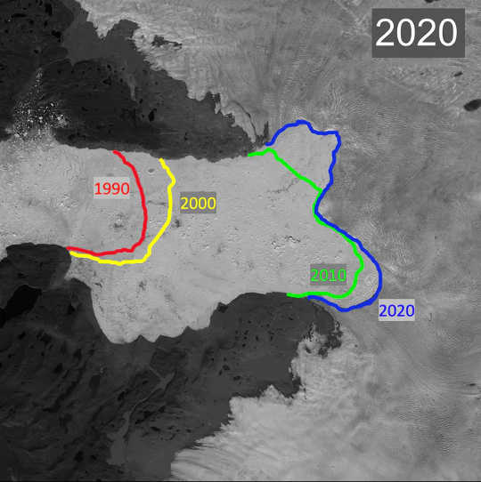 The blue line shows the current boundary between the Jakobshavn Glacier (right side, light gray) and the floating ice (center, white) between the valley walls (top and bottom, dark gray). The other colored lines show where this boundary was in previous years.