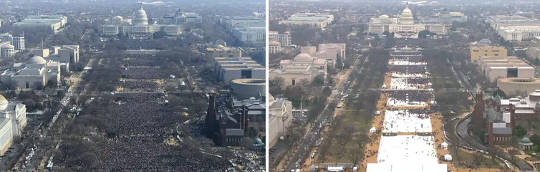 Views of the crowds at the inaugurations of former US President Barack Obama in 2009 (left) and President Donald Trump in 2017 (right).