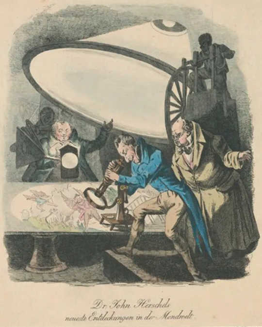 A German lithograph purporting to show Herschel’s apparatus and its method of projection. (batmen and unicorns inside the original moon hoax)