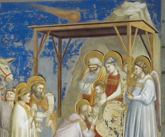 Painting ‘Adoration of the Magi,’ by Giotto, showing the comet in Scrovegni Chapel, Padua, Veneto, Italy. 