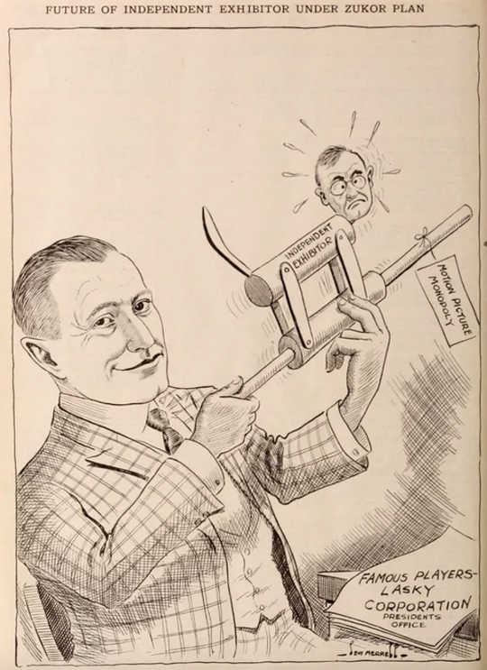 A cartoon from the Exhibitor's Herald depicts Adolph Zukor assuming control over independent theather owners.
