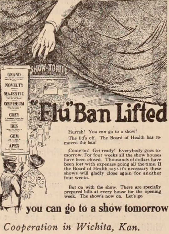 A 1918 edition of the Motion Picture News announces the lifting of a 'flu ban.'