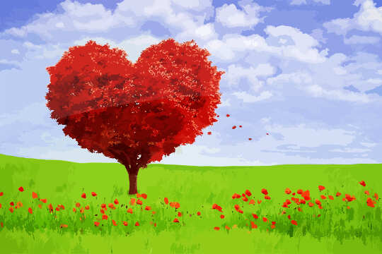 red tree shaped in a heart form in a field of green with red flowers in the forefront