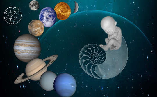 image of planets in a spiral with  a baby at the center