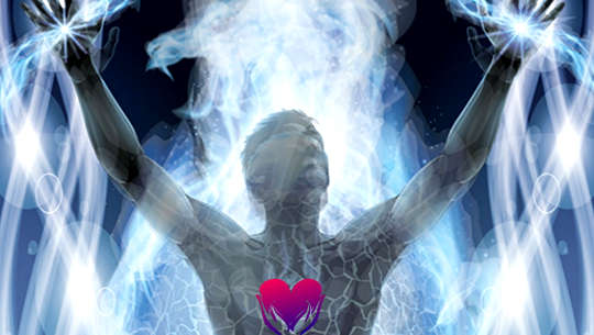 male figure with hands upraised with light pouring forth and radiant heart on chest