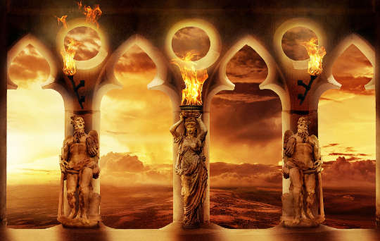 Statues of Greek Gods holding up planets and fire.