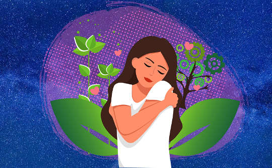 woman hugging herself in self-care