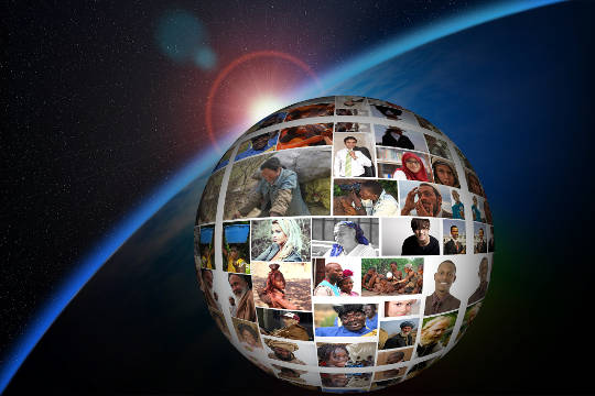 photo montage of people from various countries on a globe with a rainbow and sun in the background