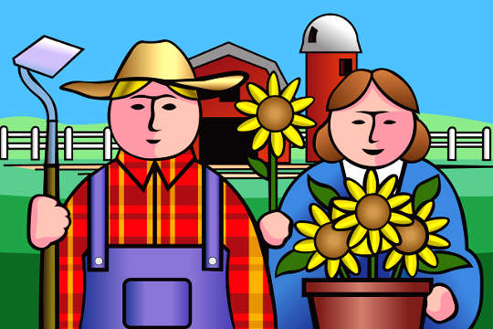 a farmer and his wife, she's holding a pot of flowers in bloom