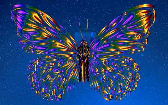 a multi-colored man/butterfly on a background of the cosmos