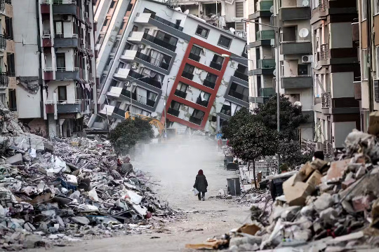 a person standing in front of a collapsed building
