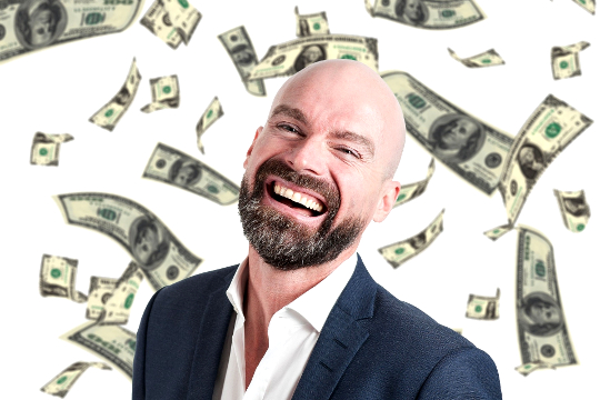 a smiling man with money falling from the skies around him
