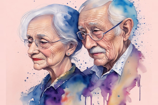 drawing of an older couple with wrinkled faces