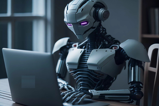robot sitting at a laptop with hands on the keys