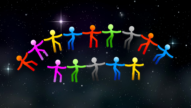 colorful figures holding hands in the starry sky