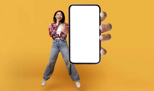 young woman holding out a phone with a blank white screen