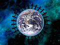 a circle of people holding hands encircling Planet Earth