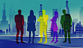 volorful silhouettes of 5 people with skyscrapers in the backgrounds
