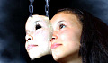 a mask held up by chains overlapping a woman's face