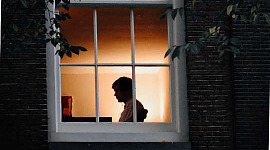 person sitting alone in a house, seen through a window