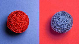 red ball of yarn on blue background and vice versa